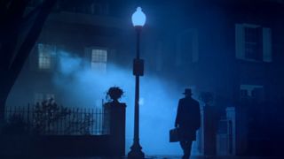 Max von Sydow stands on the street in an iconic image from The Exorcist