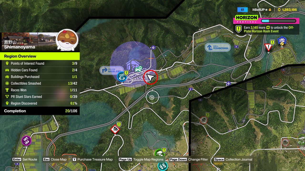 Forza Horizon 6 Treasure Cars: A map with a red circle bringing attention to the location of a Treasure Car in the Shimanoyama region.