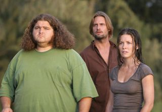 hurley kate sawyer on lost on the island looking confused