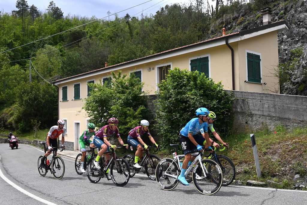 TORTONA ITALY MAY 17 A general view of Franois Bidard of France and Team Cofidis Diego Pablo Sevilla of Spain and Team EOLOKometa Filippo Magli of Italy and Team Green ProjectBardiani CSFFaizan Laurenz Rex of Belgium and Team Intermarch Circus Wanty Alexander Konychev of Italy and Veljko Stojni of Serbia and Team Corratec Selle Italia competes during the 106th Giro dItalia 2023 Stage 11 a 219km stage from Camaiore to Tortona UCIWT on May 17 2023 in Tortona Italy Photo by Tim de WaeleGetty Images