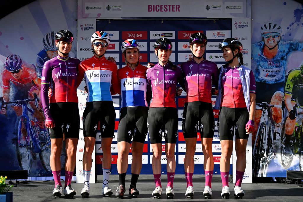 BANBURY ENGLAND OCTOBER 04 LR Chantal Van Den Broek Blaak of Netherlands Christine Majerus of Luxembourg Amy Pieters of Netherlands Anna Shackley of United Kingdom Demi Vollering of Netherlands Elena Cecchini of Italy and Team SD Worx during the team presentation prior to the 7th The Womens Tour 2021 Stage 1 a 1477km stage from Bicester to Banbury thewomenstour UCIWWT on October 04 2021 in Banbury England Photo by Justin SetterfieldGetty Images