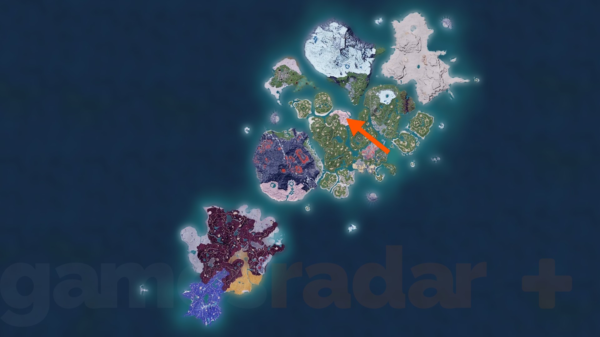 An orange arrow points to the location where you can catch Anubis on the Palworld map.