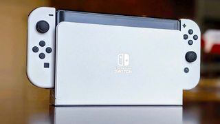 Nintendo Switch OLED docked.