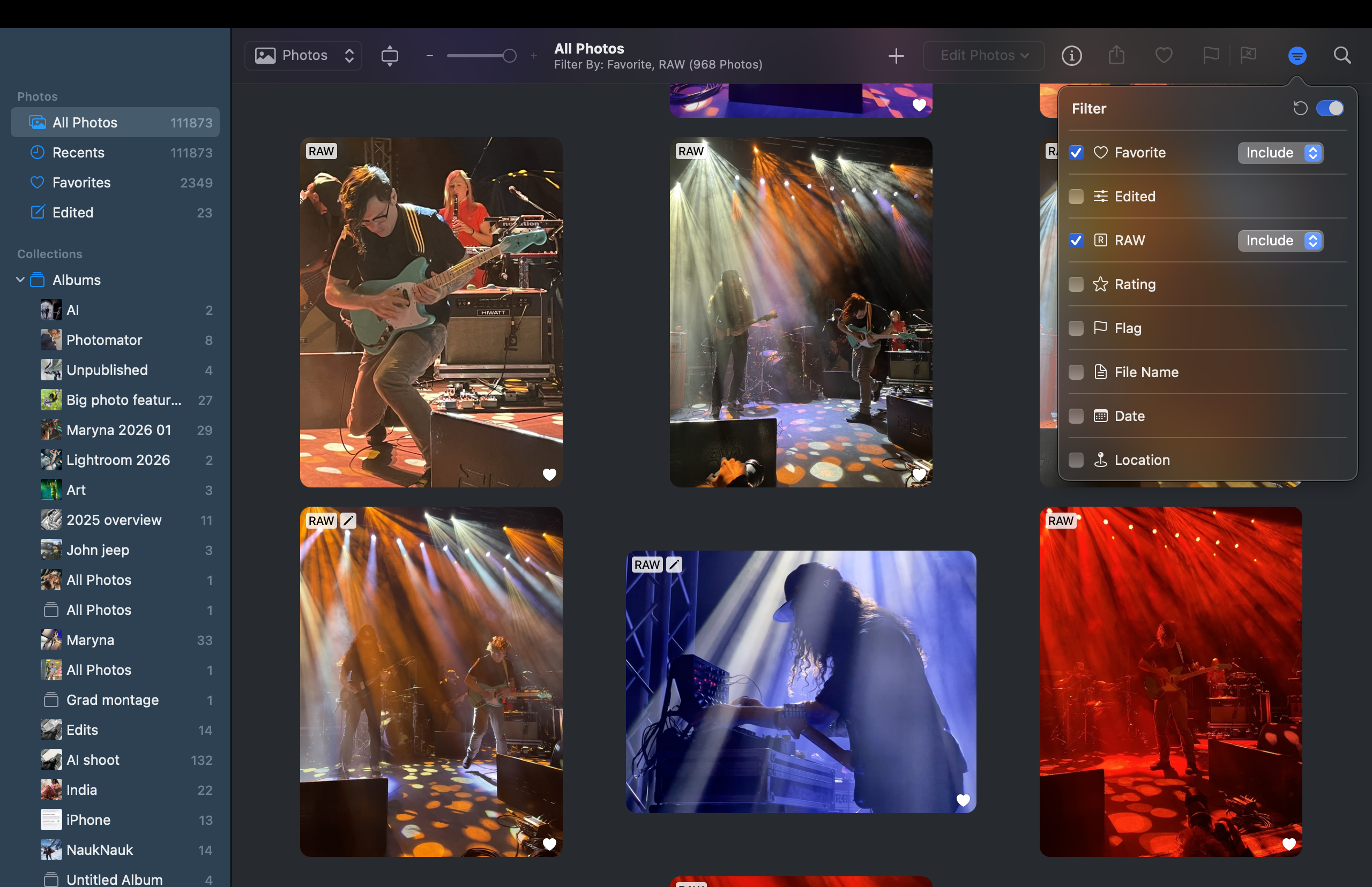 Shot of the Photomator browser, with the filter window&amp;rsquo;s boxes checked to only display Raw files that have been favorited. Other criteria are available such as Star Rating.