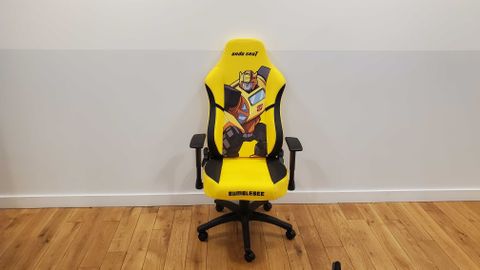bumblebee themed AndaSeat Transformers Edition Premium gaming chair against wall