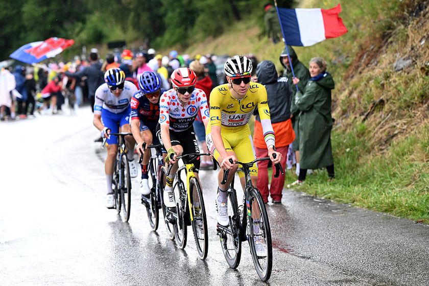 LA PLAGNE, FRANCE - JULY 25: (L-R) Florian Lipowitz of Germany and Team Red Bull - BORA - hansgrohe - White best Young Rider Jersey, Oscar Onley of Great Britain and Team Picnic PostNL, Jonas Vingegaard of Denmark and Team Visma | Lease a Bike - Polka Dot Mountain Jersey and Tadej Pogacar of Slovenia and UAE Team Emirates - XRG - Yellow Leader Jersey compete in the breakaway during the 112th Tour de France 2025, Stage 19 a 93.1km stage from Albertville to La Plagne 2062m / #UCIWT / Stage route modified over infected cattle / on July 25, 2025 in La Plagne, France. (Photo by Dario Belingheri/Getty Images)