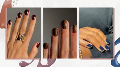 A collage of trendy autumn nail designs: on the left is a close-up of a hand with a dark red manicure, followed by a close-up of someone's fingers featuring a chestnut manicure, both created by nail artist, Mateja Novakovic/@matejanova. And on the right is a close-up of a hand with navy blue nails, by nail artist Julia Diogo/@paintedbyjools. All images featured in a white and grey marble-look template, with nail polish spills.