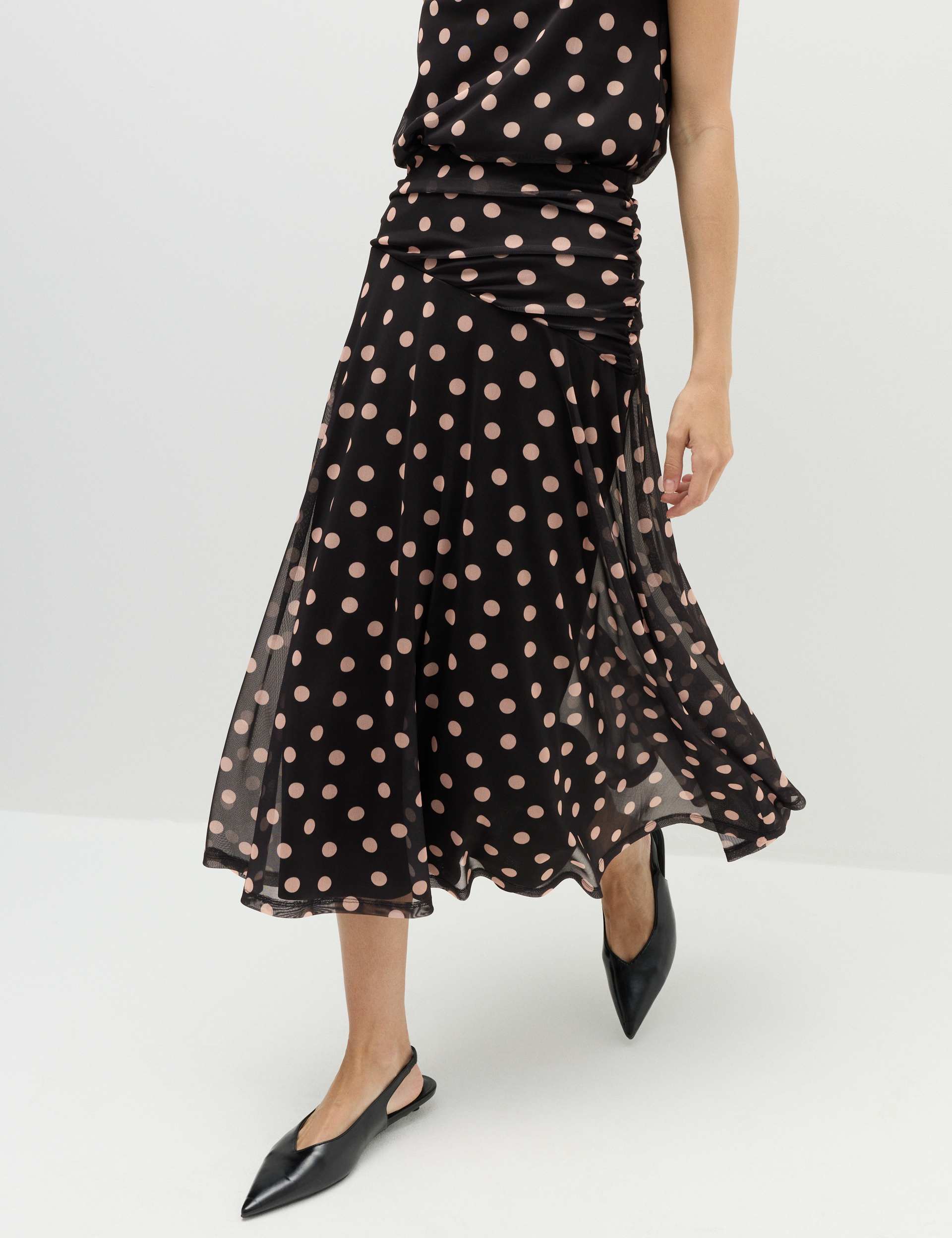 Mesh Polka Dot Midi A-Line Skirt