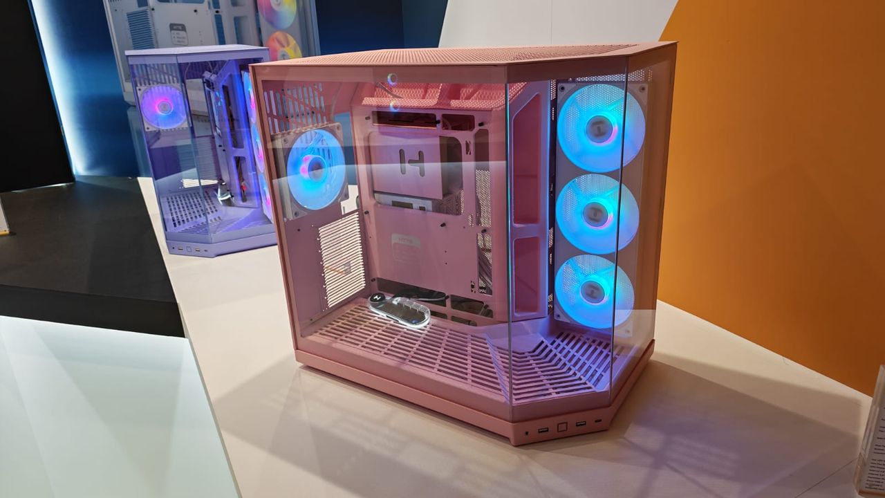 A shot of the pink and purple HYTE Y50 RGB case at Computex