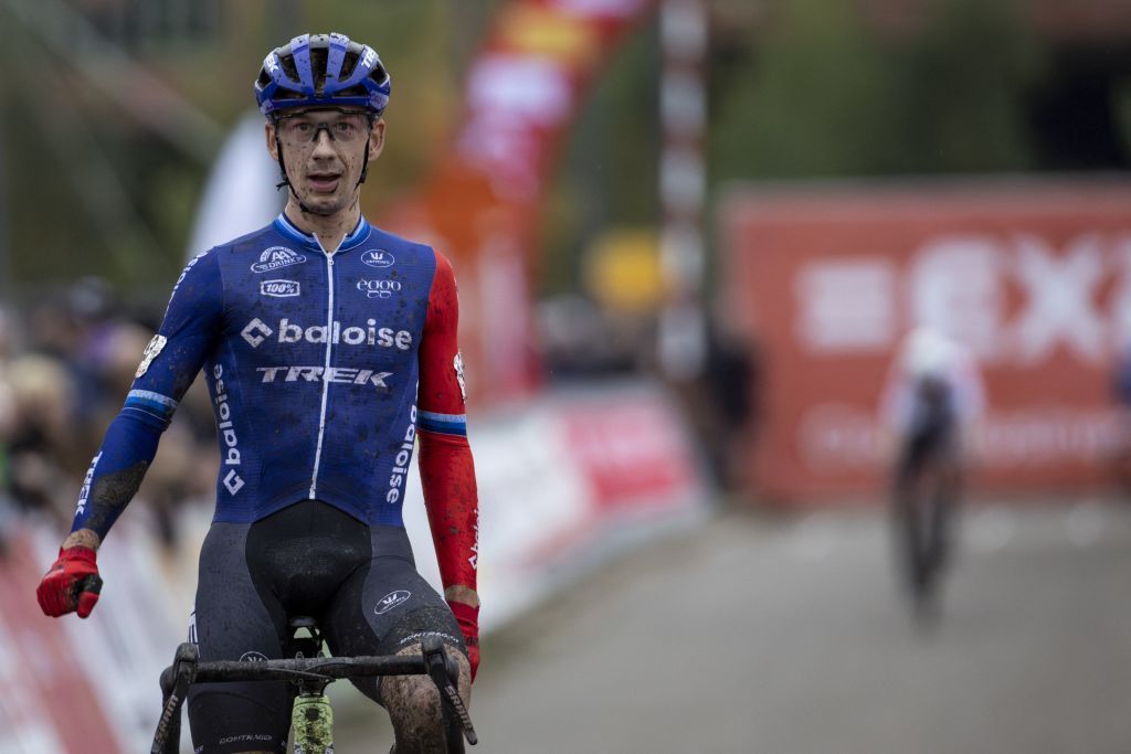 Lars Van Der Haar celebrates as he crosses the finish line to win the men elite race of the &#039;Exact Cross Beringen&#039; cyclocross cycling event