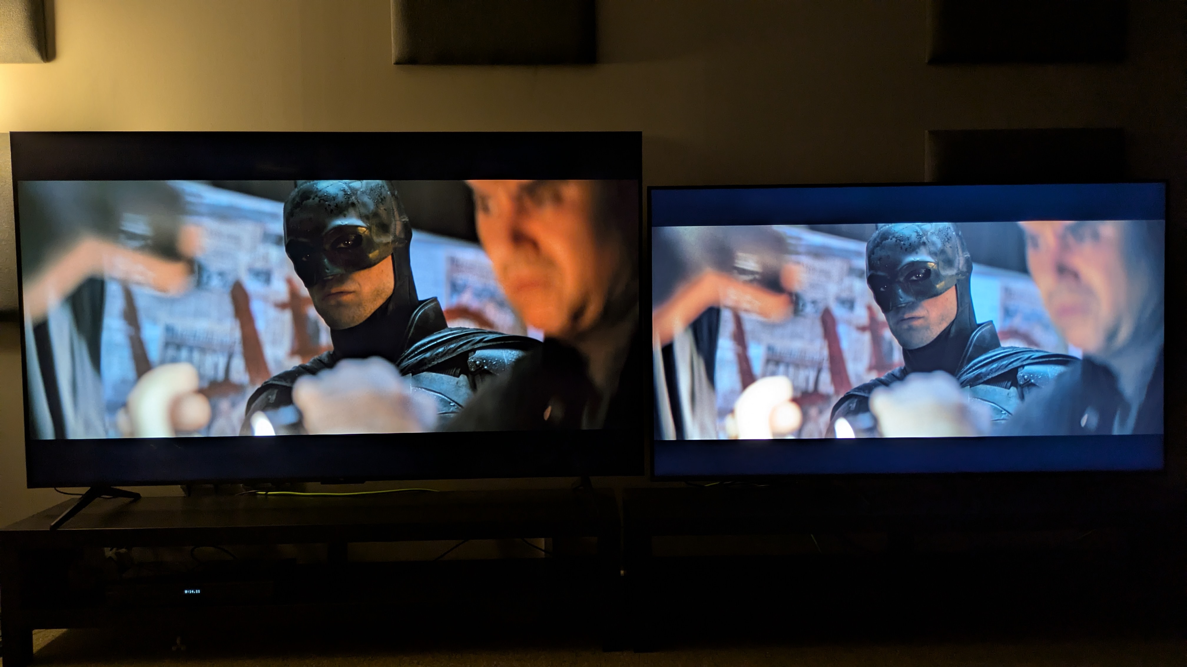 TCL Q6C (left) vs Samsung Q8F (right) showing Batman from The Batman on screen