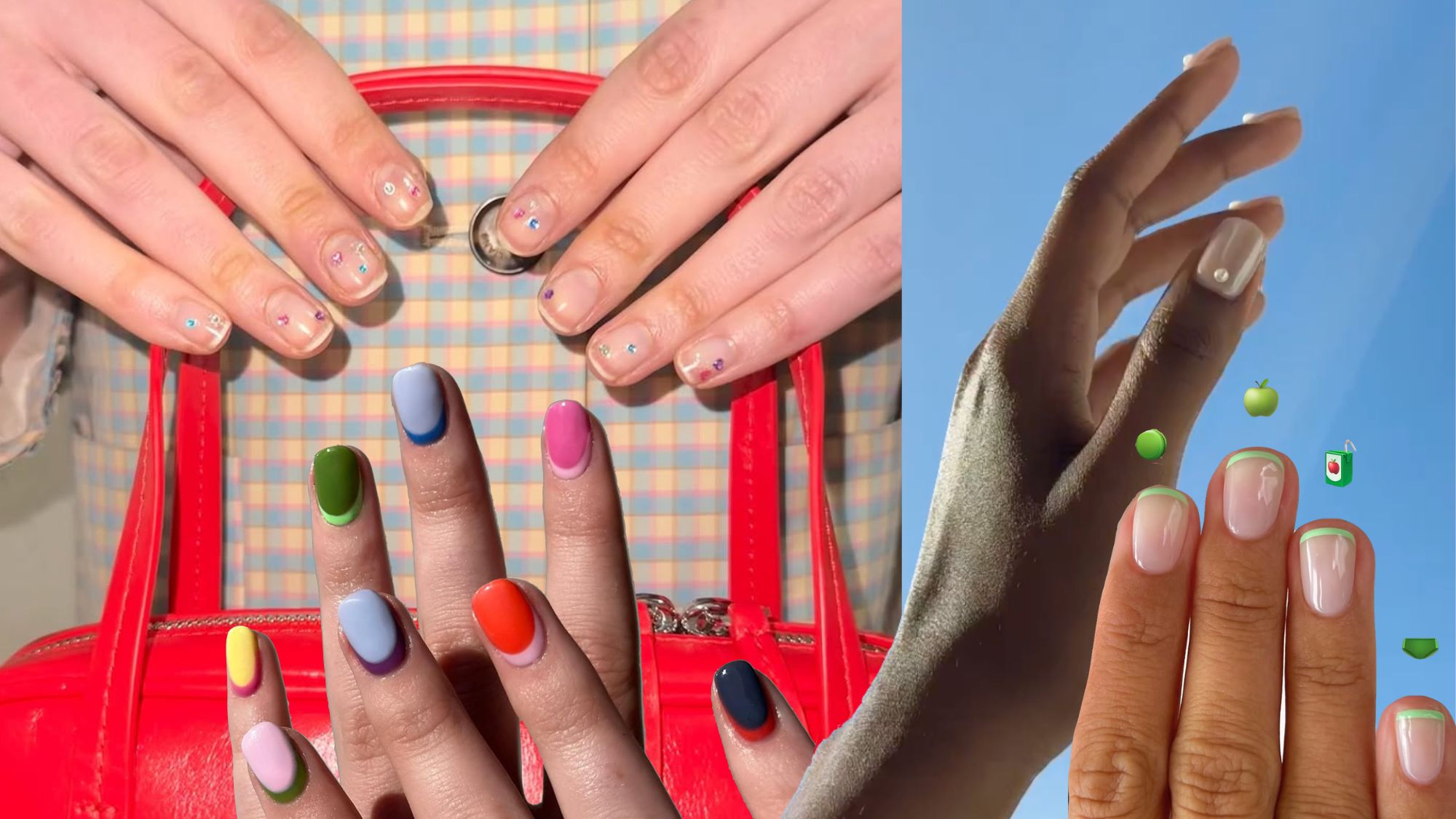 A collage of colorful spring nail ideas for short nails.