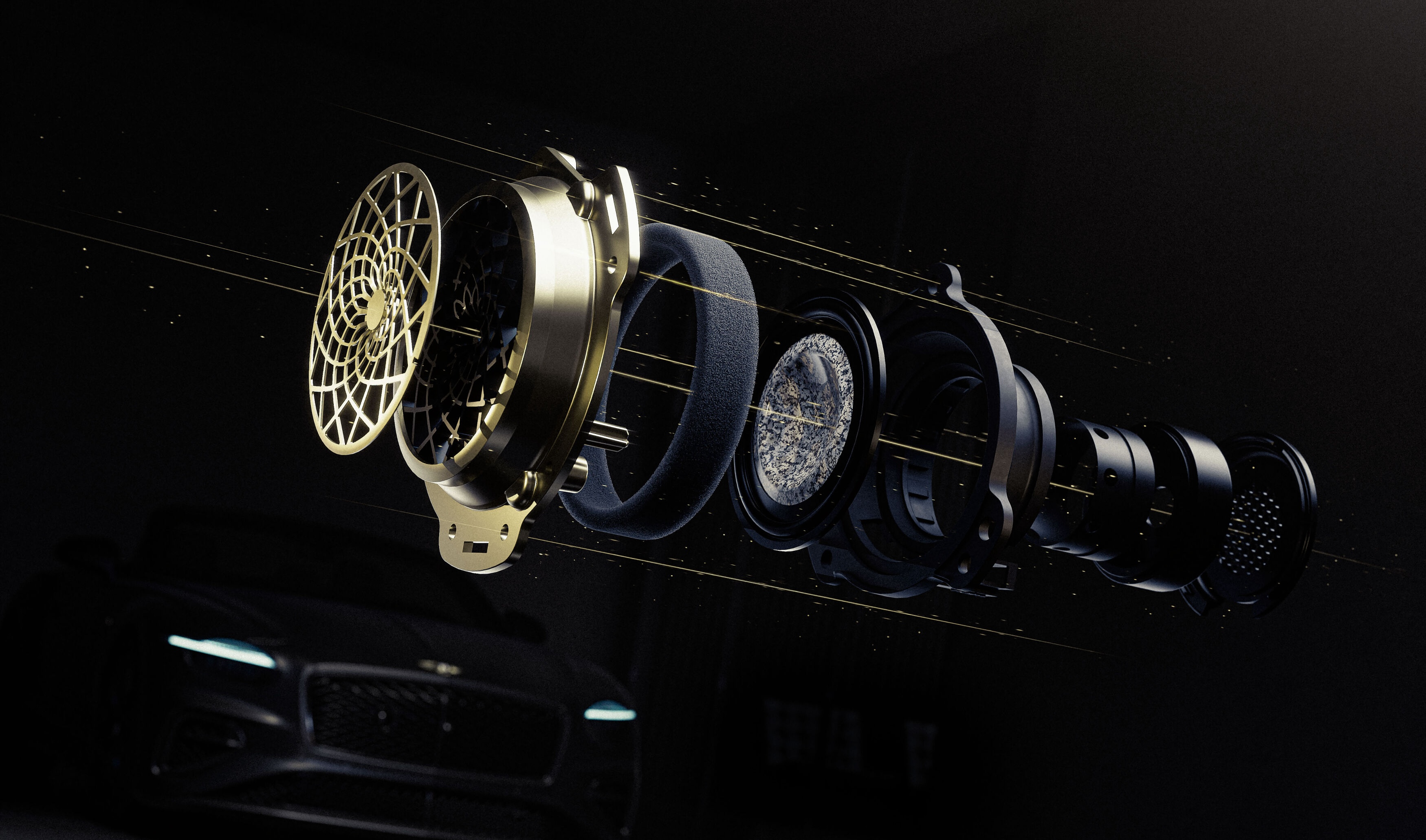 Exploded diagram of a driver from the Naim for Mulliner in-car sound system for Bentley