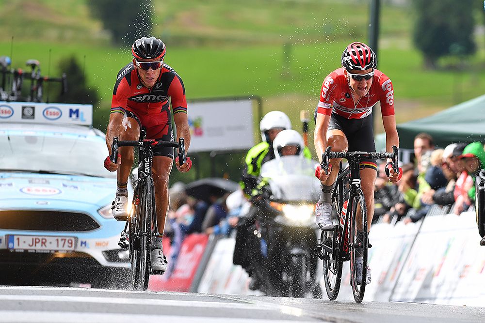 Tim Wellens (Lotto Soudal) and Philippe Gilbert (BMC) come to the line together