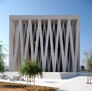 Moses Ben Maimon Synagogue, white cubic building at Abrahamic Family House, Abu Dhabi