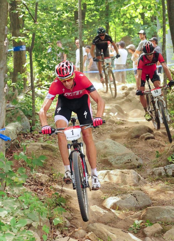 Todd Wells (Specialized) in a rocky singletrack section during the short track at US nationals.