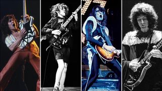 (from left) Eddie Van Halen, Angus Young, Ace Frehley, Brian May