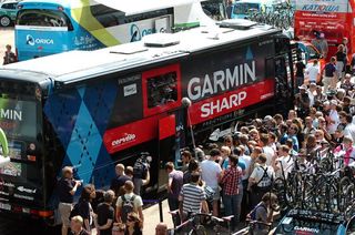 The media scrum assembles outside the Garmin-Sharp team bus at the Tour de France the morning a news story broke alledging that team boss Jonathan Vaughters plus riders Christian Vande Velde and David Zabriskie had testified in USADA's investigation of Lance Armstrong.