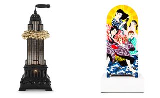 Two images- Left: A skyscraper model with gold cloud around it, Right- A colourful image of people to represent 'unity'