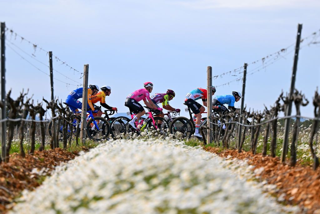 A general view of Victor Vaneeckhoutte of Belgium and Team Lotto-Dstny, Alessandro Iacchi of Italy and Team Corratec-Vini Fantini, Noah Knecht of France and Team Nice Metropole Cote D'azur, Valentin Tabellion of France and Team Van Rysel-Roubaix, Morne Van Niekerk of South Africa and Team St Michel Mavic-Auber 93, Mael Guegan of France and Team CIC U Nantes Atlantique compete in the breakaway during the 1st Classic Var 2024 a 184.3km one day race from Saint-Raphael to Mont Faron 499m on February 16, 2024 in Mont Faron, France. (Photo by Billy Ceusters/Getty Images)