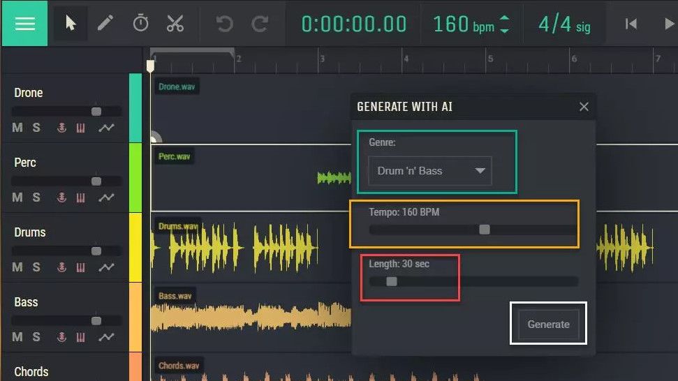 Choose a genre and BPM and this online DAW will use AI to make a complete track for you