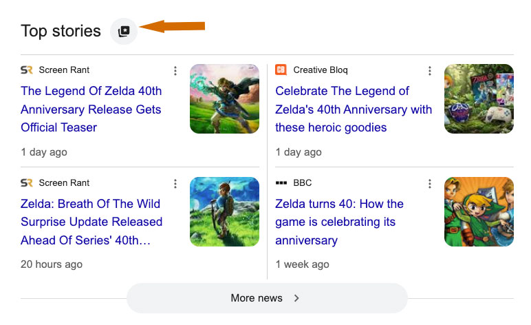 Google top stories box with arrow next to grey icon