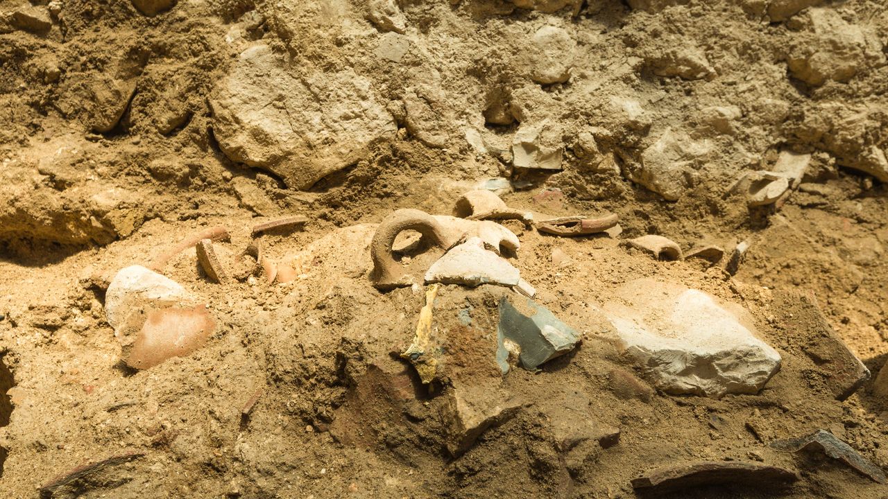 This pottery was likely smashed when a building fell on top of it during an earthquake 2,800 years ago, archaeologists say.