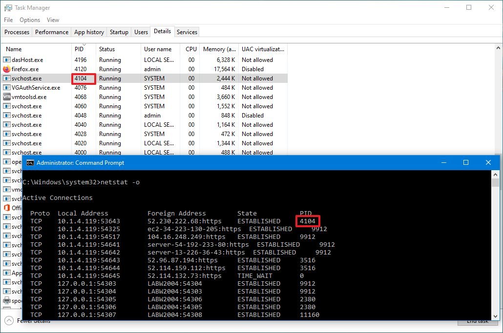 Netstat -o command and Task Manager