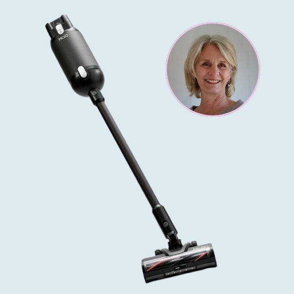Halo Capsule XR Premium Vacuum, a Reader Approved Awards cleaning category winner, with an inset portrait of the tester