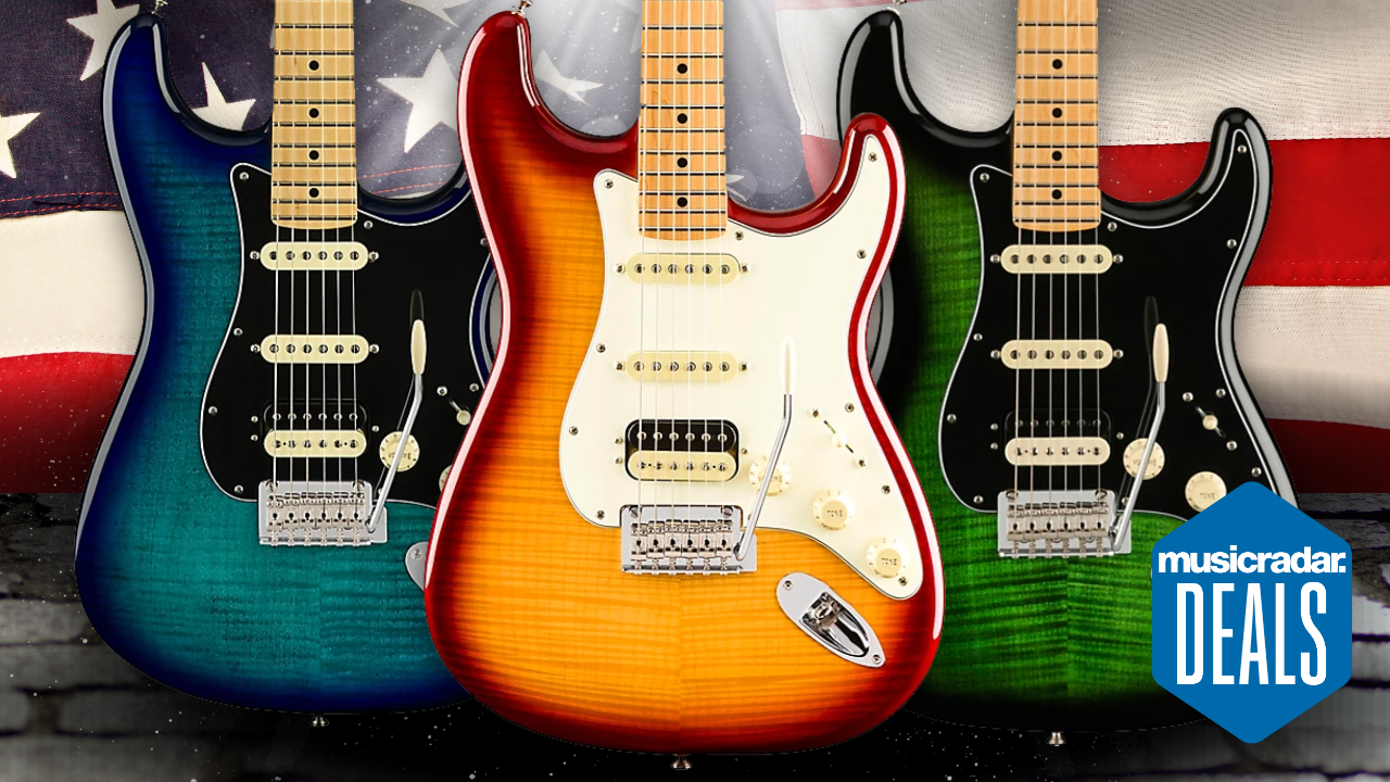 Three Fender Player Stratocasters on American flag background