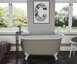 grey bathroom with grey rolltop bath