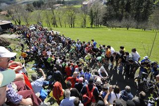 Fans crowd the road on stage three of the 2015 Tour of the Basque Country (Watson)