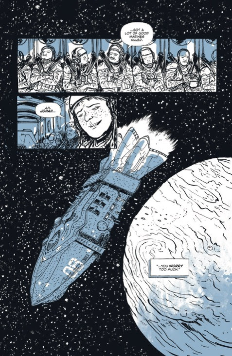 black and white page from a comic book, showing a spacecraft near an alien planet.