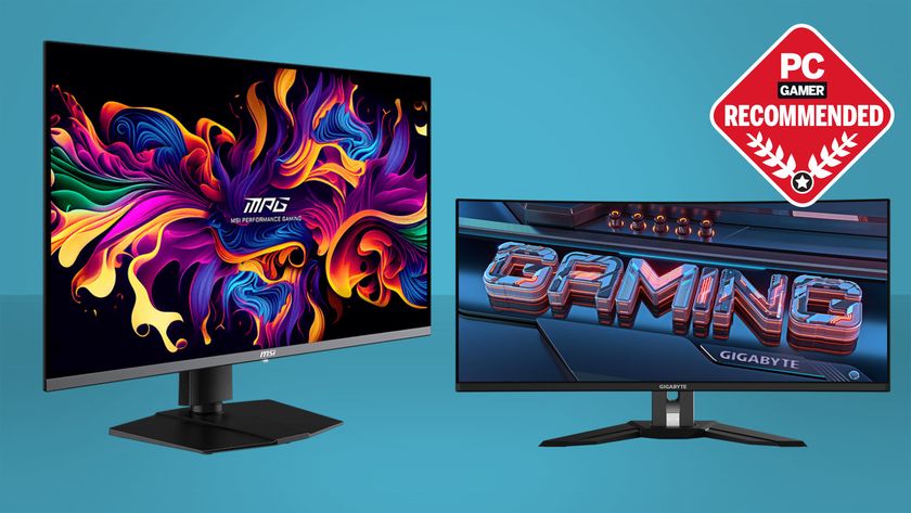 An image showing a pair of OLED gaming monitors, the Gigabyte MO34WQC2 and MSI MPG 321URX, against a gradient blue background, with a PC Gamer Recommended logo in the top right corner.