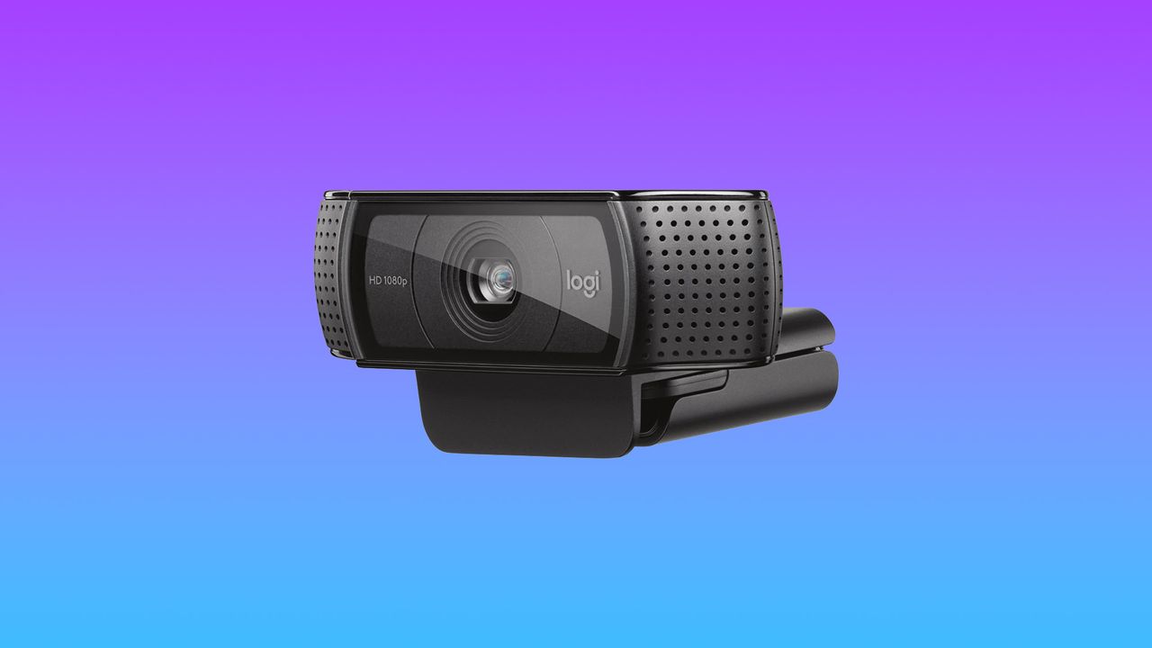 Logitech C920 HD Pro Webcam on a gradient purple to blue background with stand collapsed.