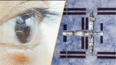 Split image of an eye close up and the Tiangong Space Station.