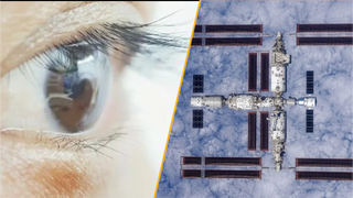 Split image of an eye close up and the Tiangong Space Station.