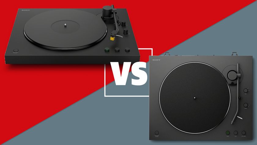 Sony PS-LX5BT and PS-LX3BT Bluetooth turntables on a red and grey background