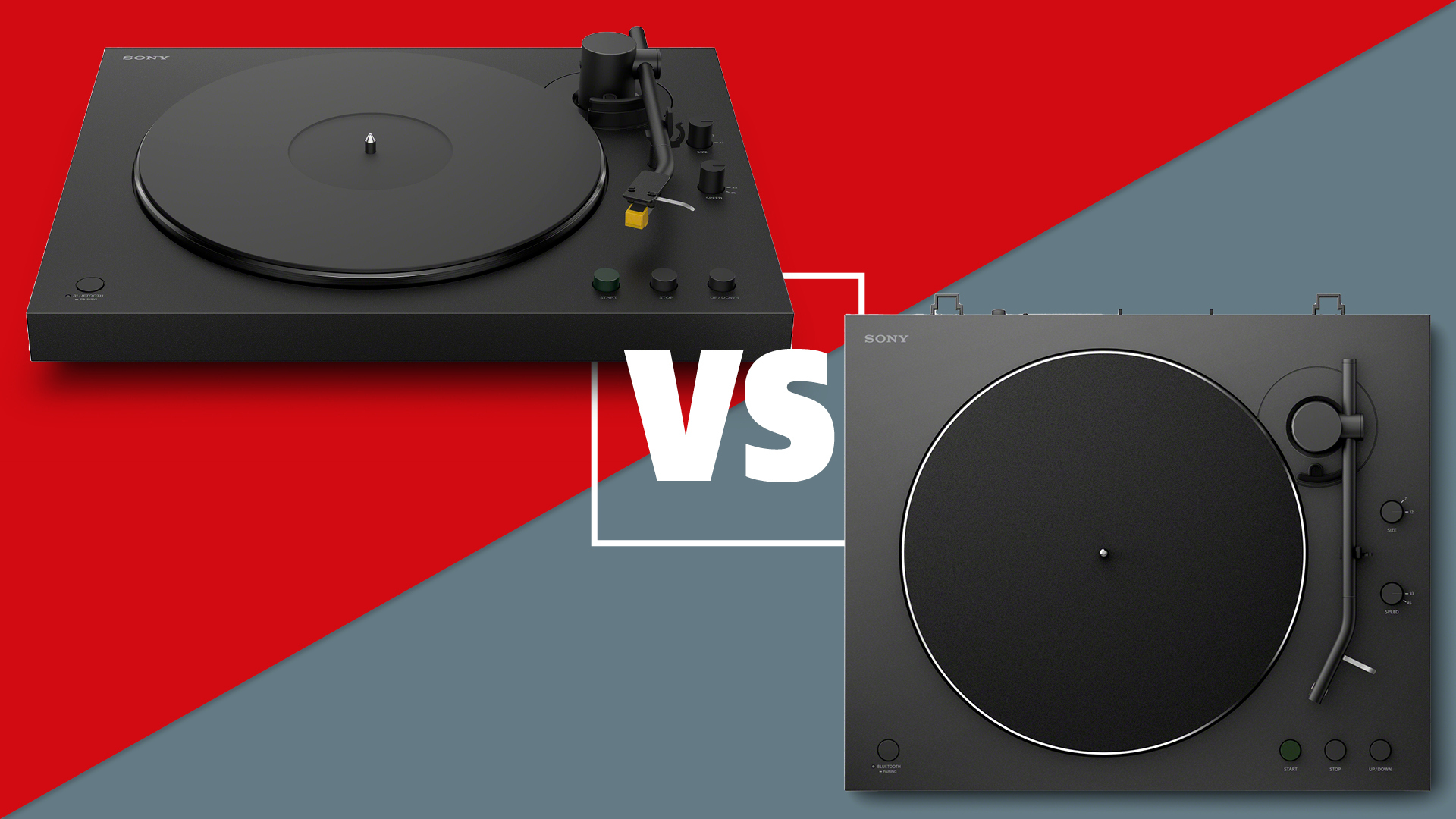 Sony PS-LX5BT and PS-LX3BT Bluetooth turntables on a red and grey background
