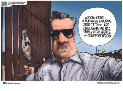 Political cartoon U.S. Jim Acosta CNN wall steel slats