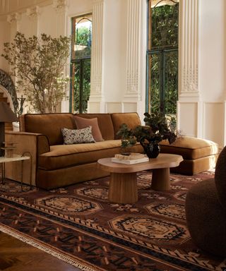 Living room with woven Persian style rug, velvet large sofa, wood coffee table, large plants