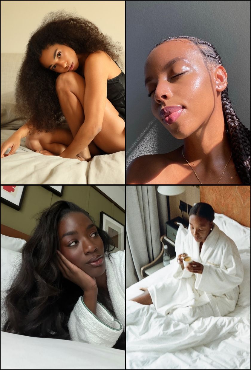 @cherifaakili wearing a black night dress, a close-up shot of @aysha.sow, @_livmadeline wearing a white robe, @taffymsipa wearing a white robe