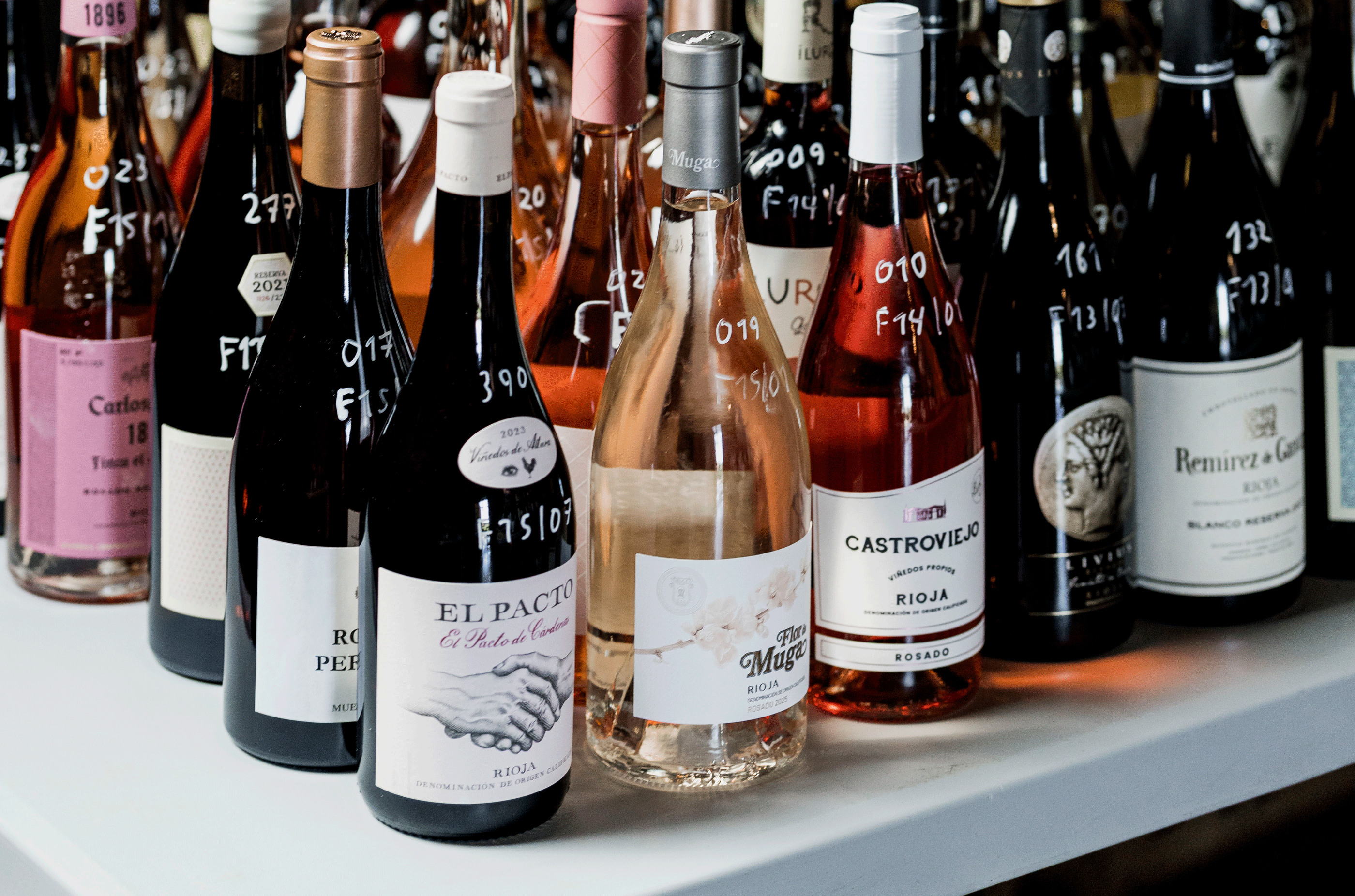 Bottles of Rioja Rosados and Claretes in the prep room 