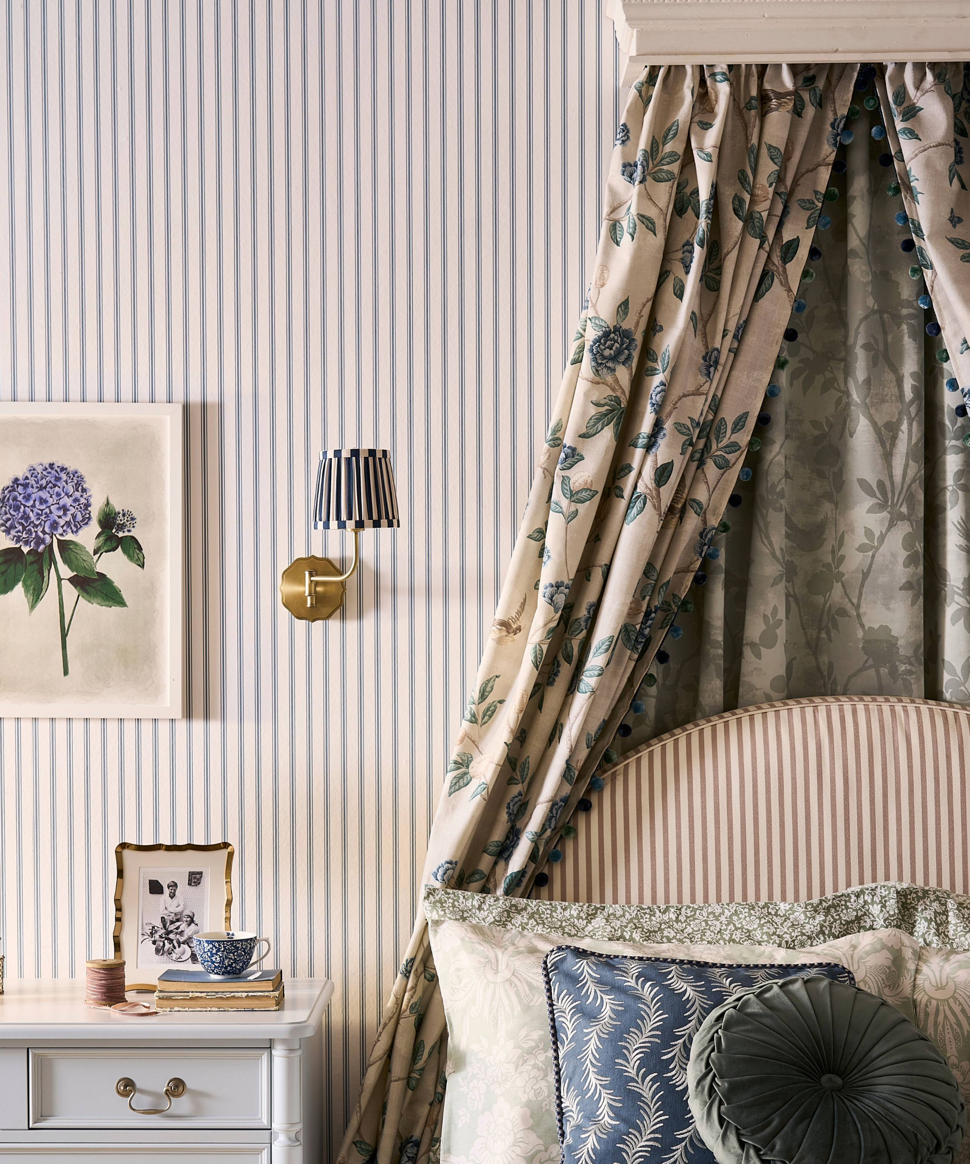 Headboard idea with curtain above it