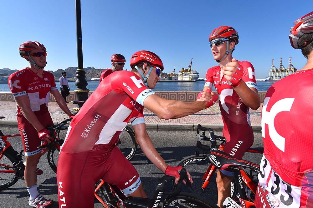 Alexander Kristoff (Katusha) thanks his teammates after winning the final stage of the Tour of Oman