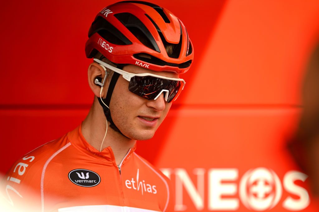 BLANKENBERGE BELGIUM AUGUST 30 Magnus Sheffield of The United States and Team INEOS Grenadiers Red Best Young Rider Jersey prior to the 20th Renewi Tour 2024 Stage 3 a 1855km stage from Blankenberge to Ardooie UCIWT on August 30 2024 in Blankenberge Belgium Photo by Luc ClaessenGetty Images