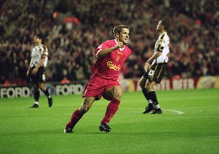 Michael Owen celebrates after scoring for Liverpool against Boavista in the Champions League in September 2001.