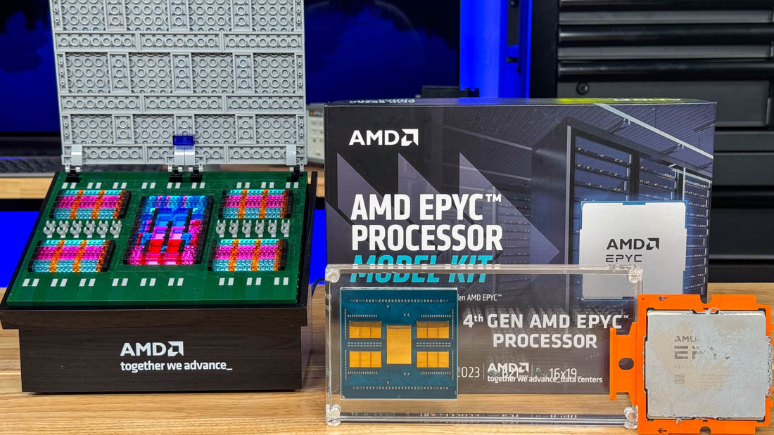 An AMD Epyc Lego Model Kit sent to ServeTheHome, presented to scale with a real 4th Generation Epyc CPU.