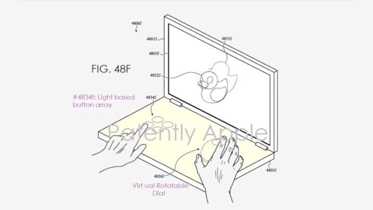 The new patent describes a laptop that replaces the physical keyboard with a touch-based lower surface 
