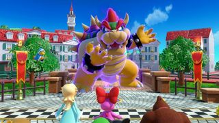 Bowser talking to various Nintendo characters in Super Mario Party Jamboree